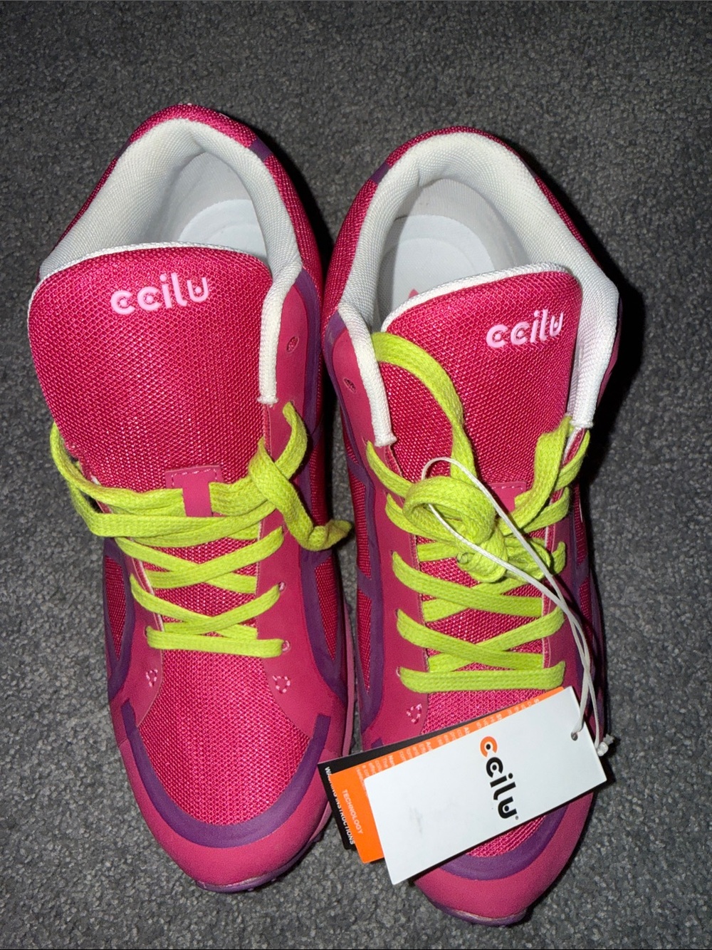 Pink Athletic Shoes with Neon Green Laces. By Ccilu. Women’s Size 9